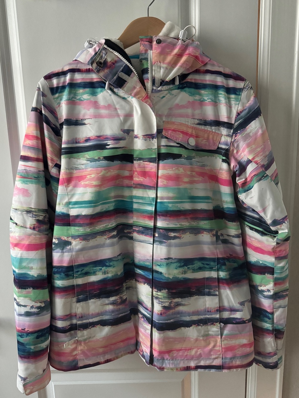 Roxy DryFlight Ski Snowboard Jacket Women’s Medium Pink Teal Watercolor